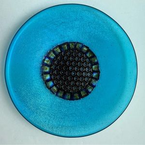 Vintage blue irredescence art glass fused etched etching handmade plate signed